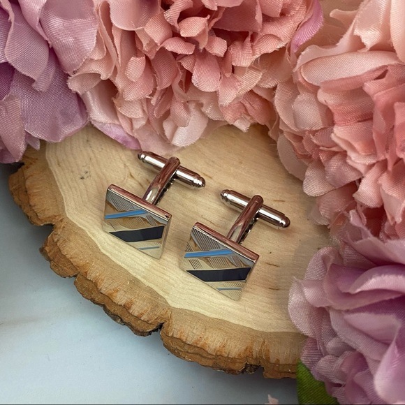 Classic Blue, Silver and Black Stripe Cufflinks - Picture 10 of 15